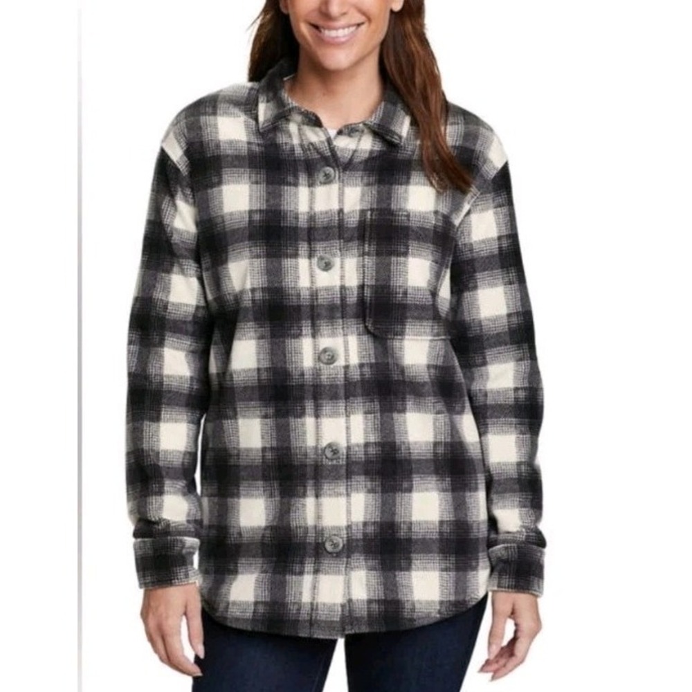 Eddie Bauer Women  Microfleece Button Up Shirt Jacket W/ Pockets Black Gray SZ S